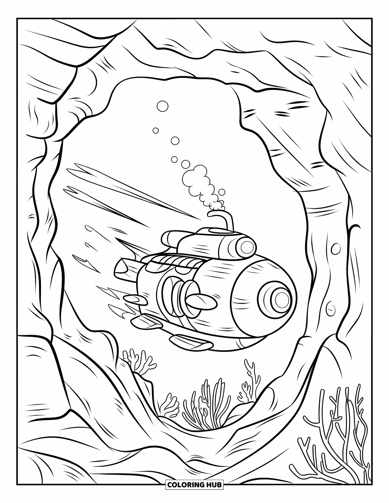 Submarine Coloring Page for Kids: A submarine releases a bubble while gliding through a canyon filled with sea plants