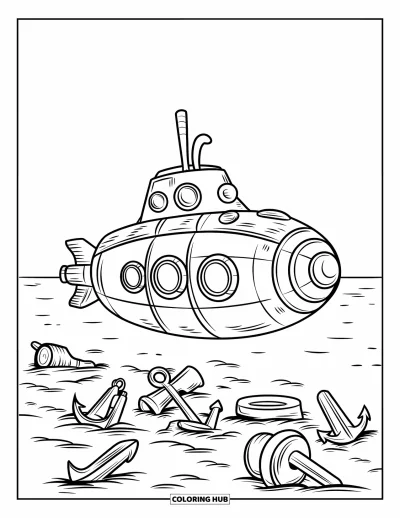 U-Boot-Ausmalbild für Kinder: Ein klassisches U-Boot schwebt über verstreuten Ankern und Relikten in stillen Gewässern