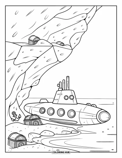 U-Boot-Ausmalbild für Kinder: Ein klassisches U-Boot mit Bullaugen parkt neben Felsen und vergrabenen Schatztruhen