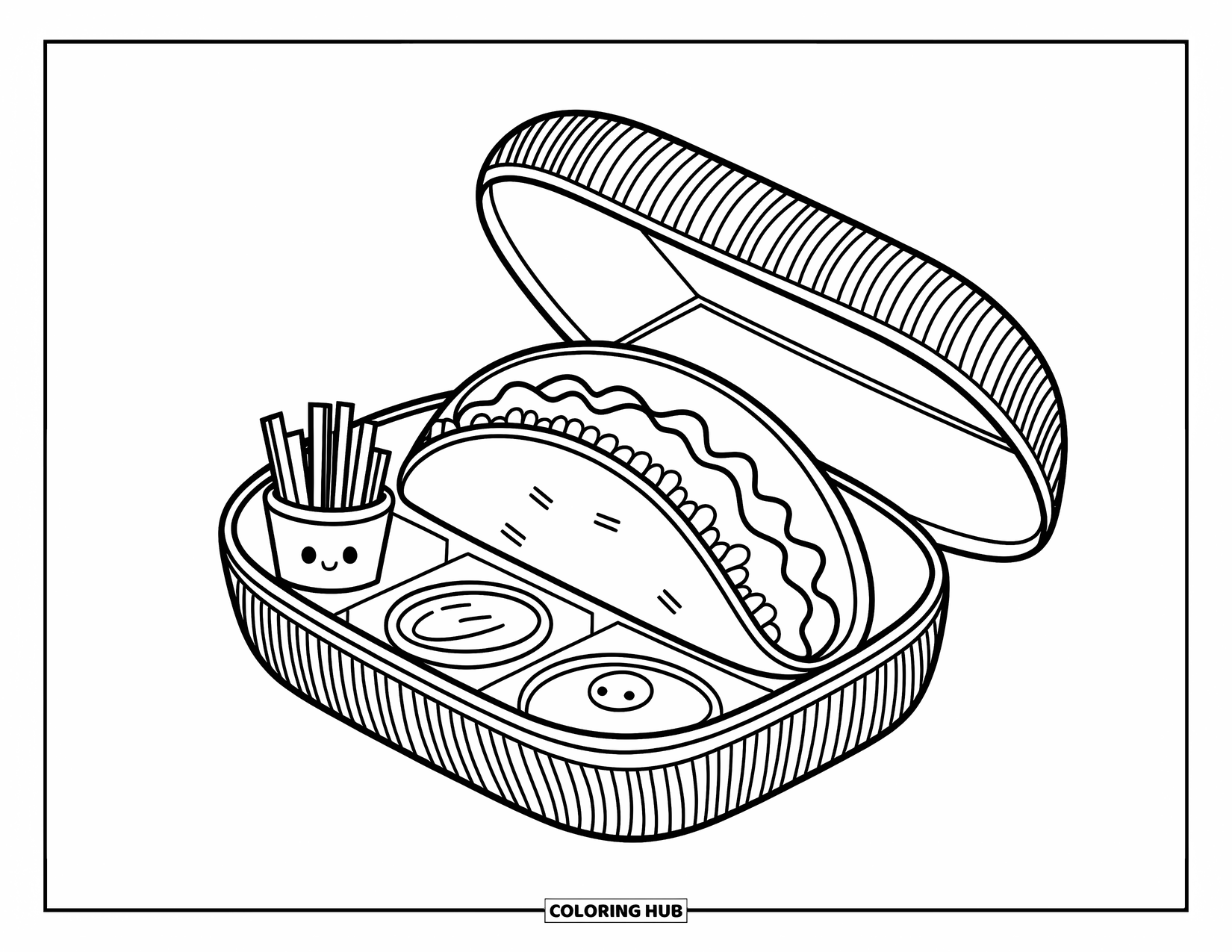 Taco Coloring Page for Adults: Bento box with taco, chips, and rice in tiny, cute containers