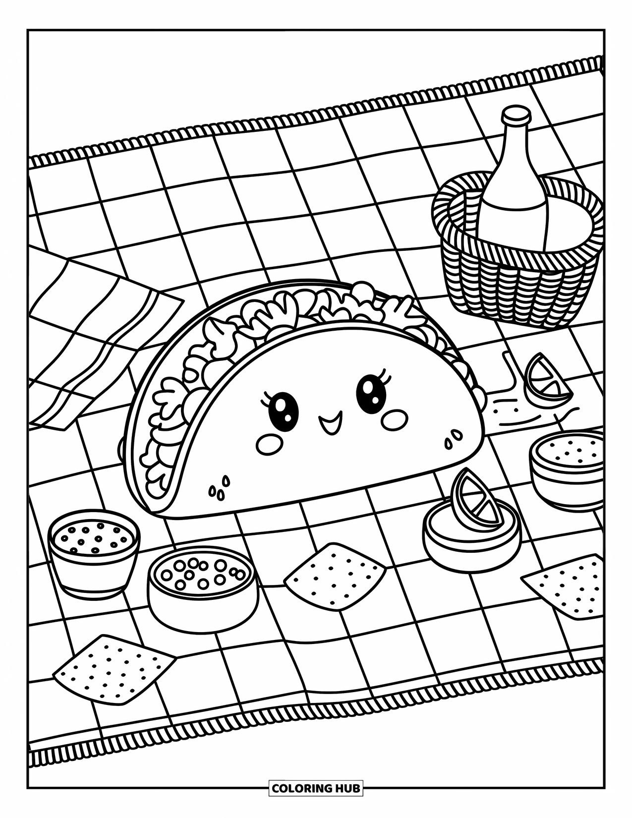 Taco Coloring Page for Adults: Cozy taco picnic with chips, drinks, and adorable tiny side dishes