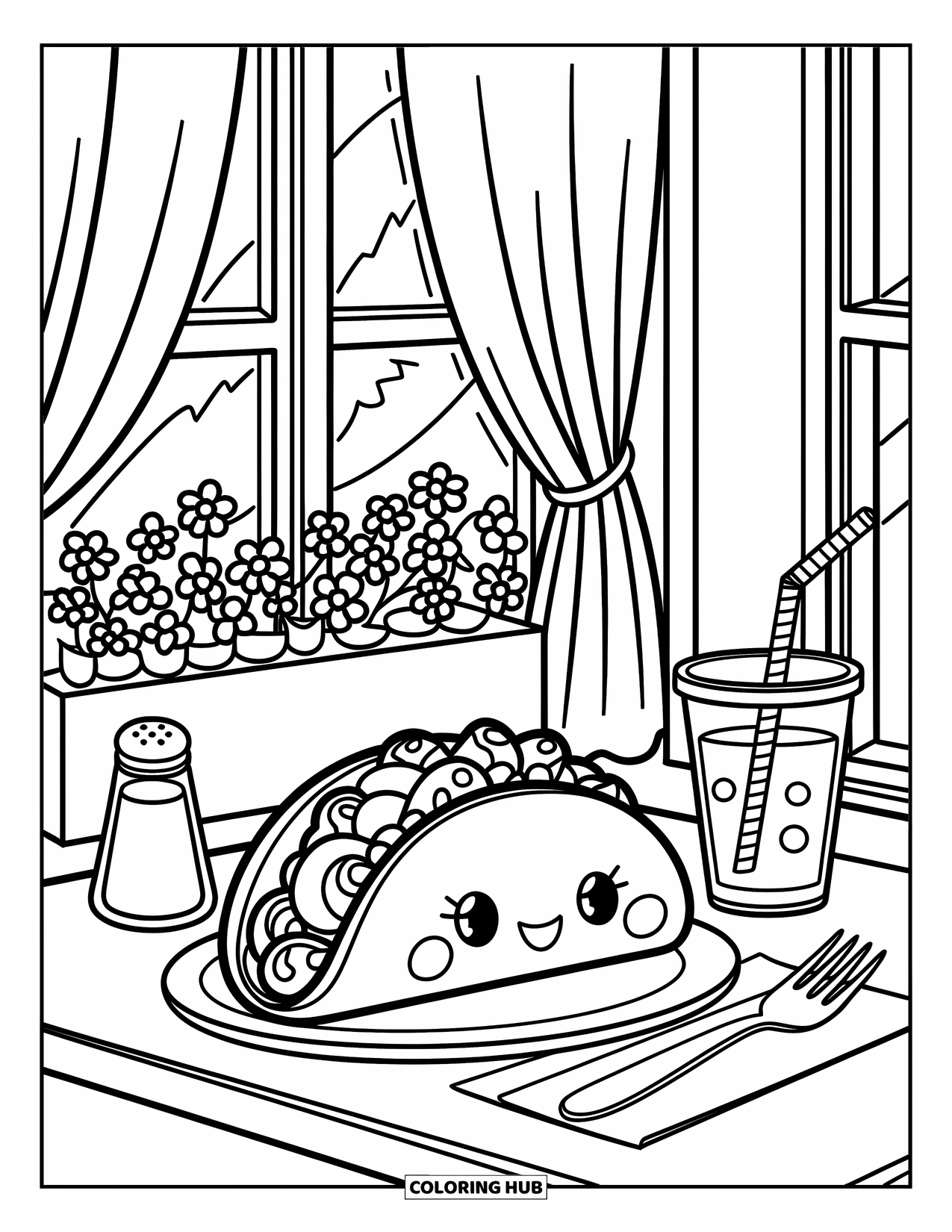 Taco Coloring Page for Adults: Kawaii taco on a plate by the window with flowers and a tiny fork