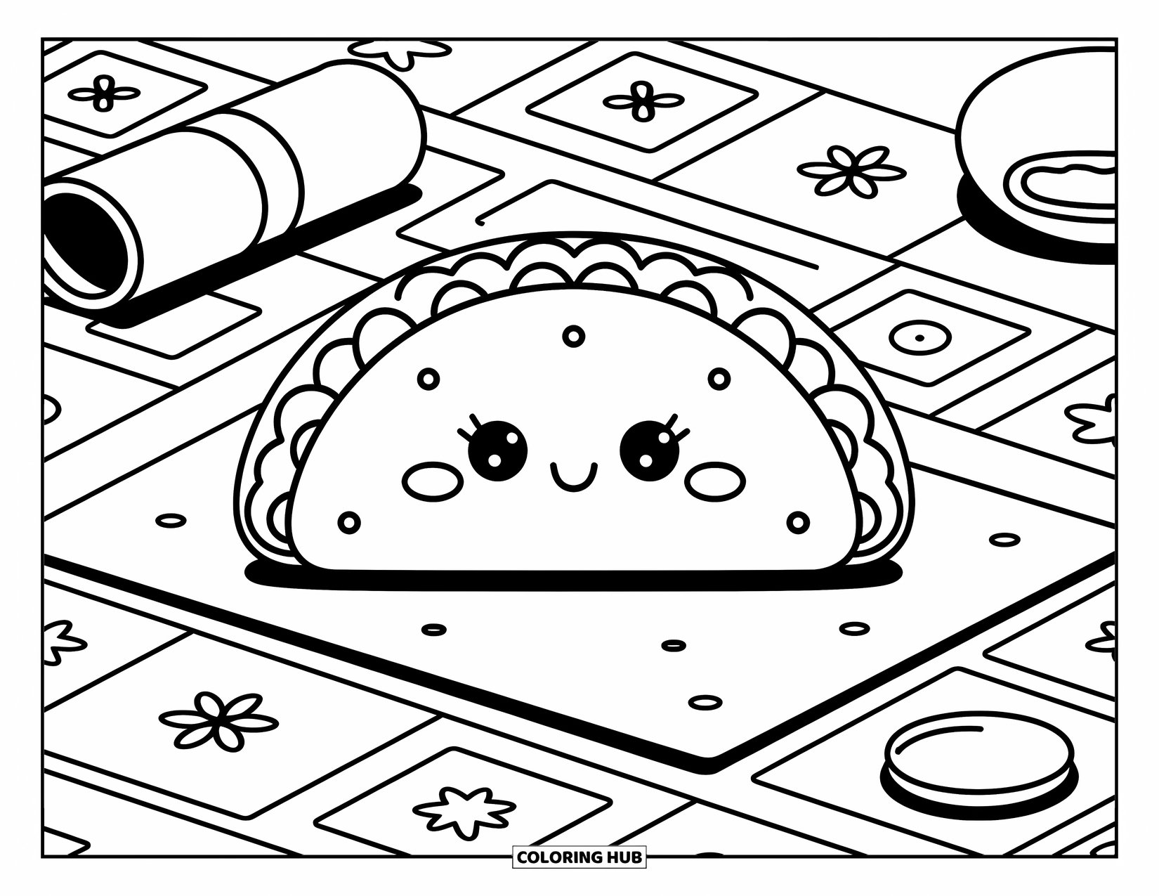 Taco Coloring Page for Adults: Kawaii taco on a soft-patterned tile table with playful little accessories
