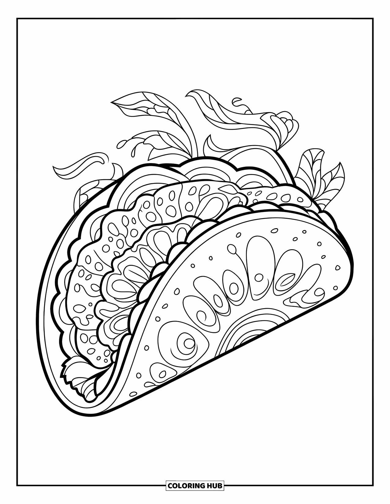 Taco Coloring Page for Adults: Mandala-style taco with guacamole swirls and decorative floral designs