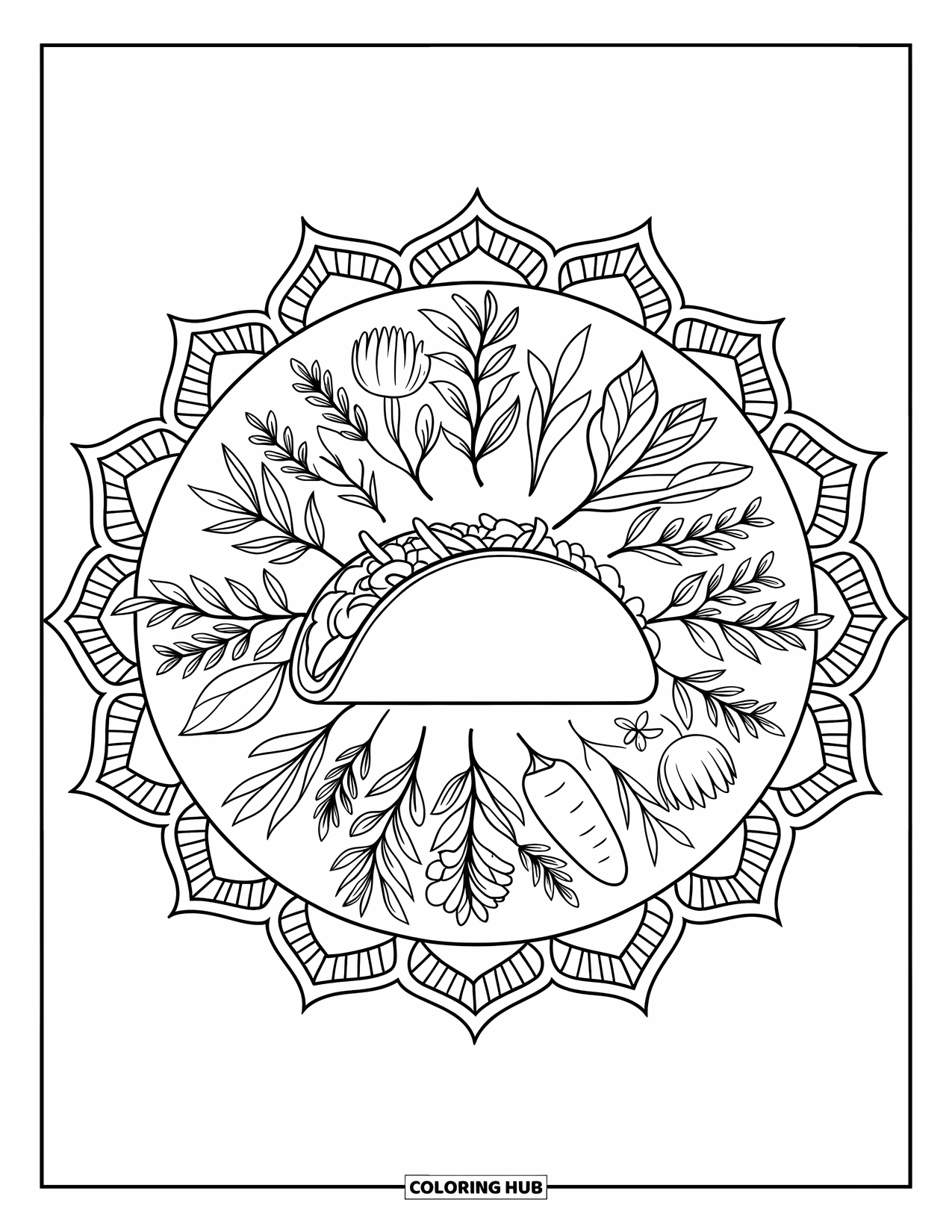 Taco Coloring Page for Adults: Soft taco resting inside a floral mandala of herbs and veggies