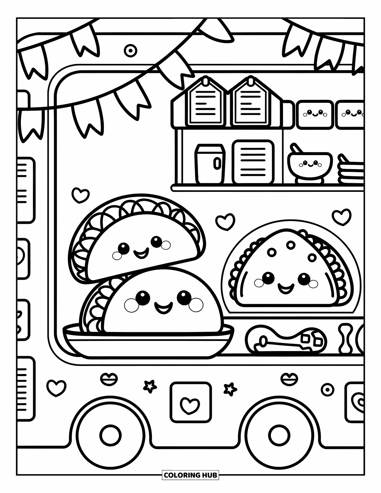 Taco Coloring Page for Adults: Taco, burrito, and quesadilla on display with tiny signs and kitchen doodles