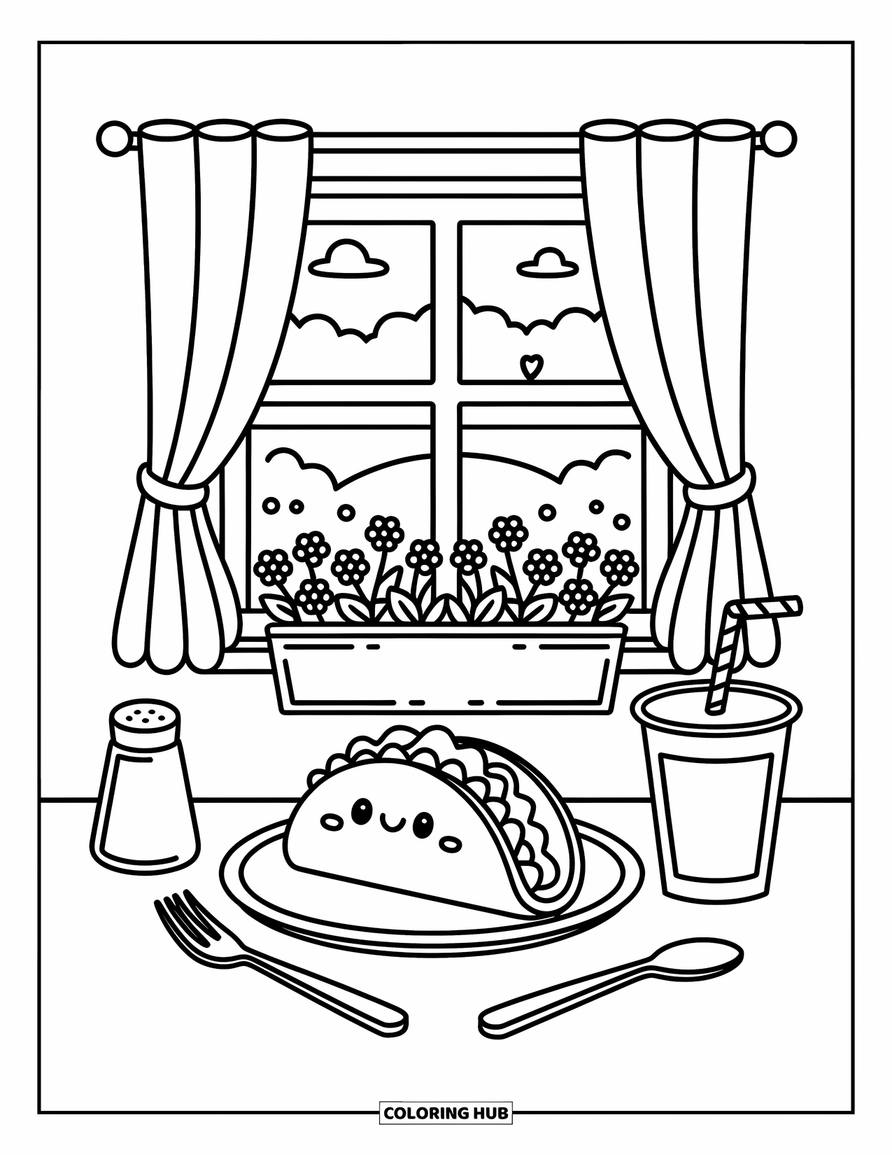 Taco Coloring Page for Adults: Taco on a diner table with cozy window and blooming box planter