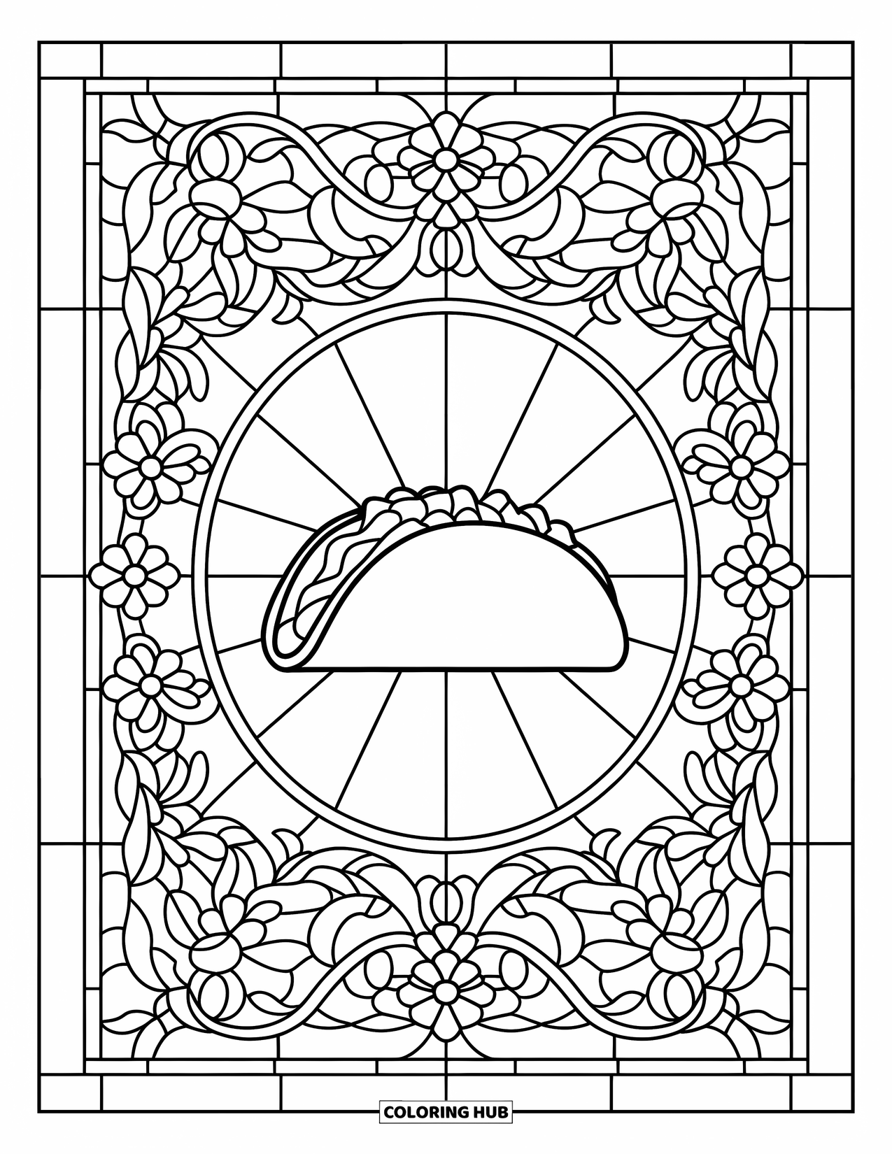 Taco Coloring Page for Adults: Taco placed in the center of a stained glass window with floral designs