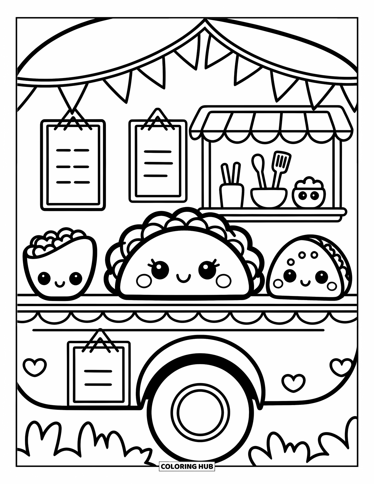 Taco Coloring Page for Adults: Taco trio on food truck counter with flags, menus, and cozy doodles