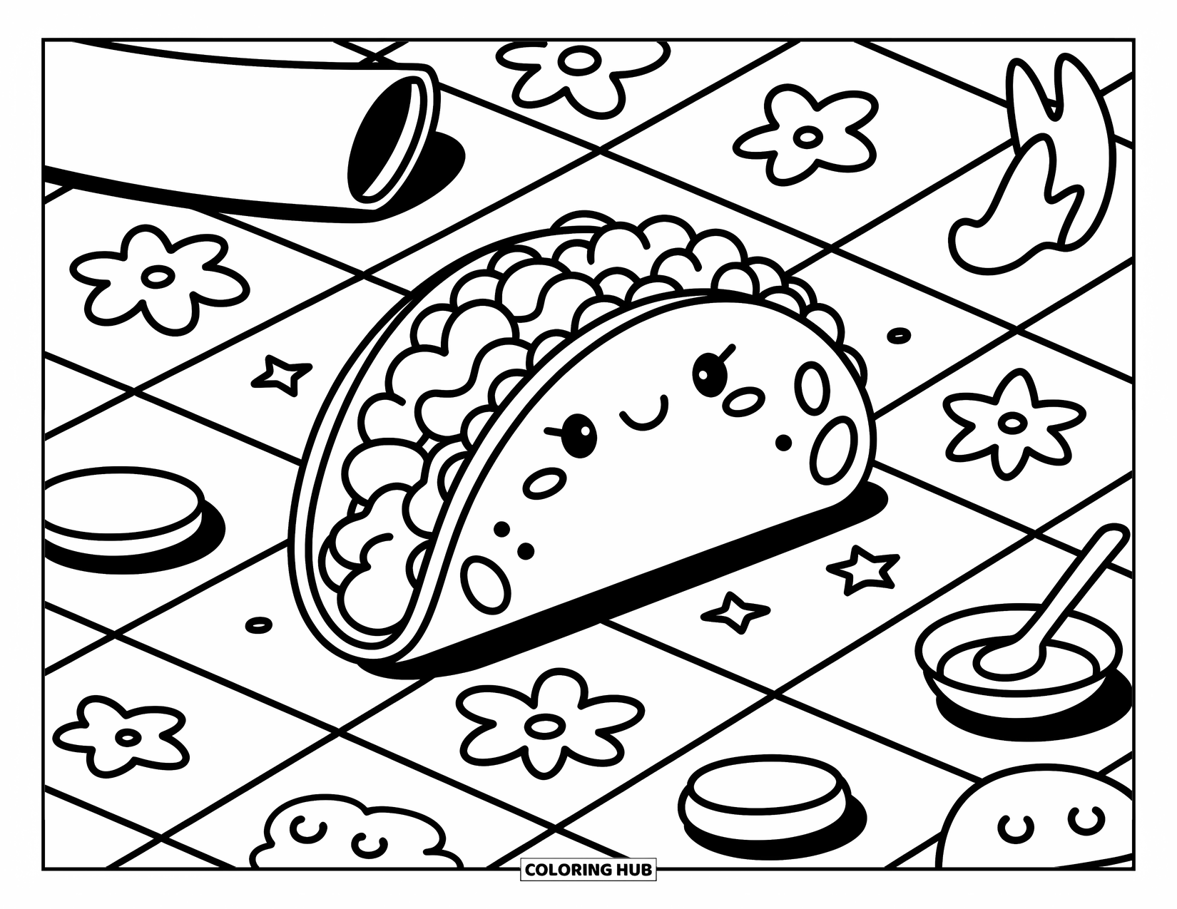 Taco Coloring Page for Adults: Taco with napkin, spoon, and dipping dish on a star-patterned tile table