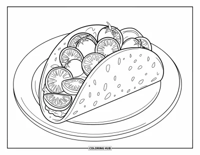 어른을 위한 타코 색칠공부: 접시 위에 토마토, 양파, 라임 소용돌이로 감싸인 타코
