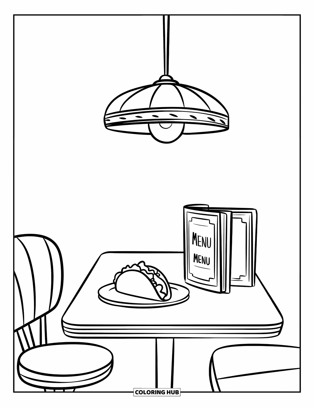 Taco Coloring Page for Kids: Cozy diner table with a taco, hanging lamp, and menu