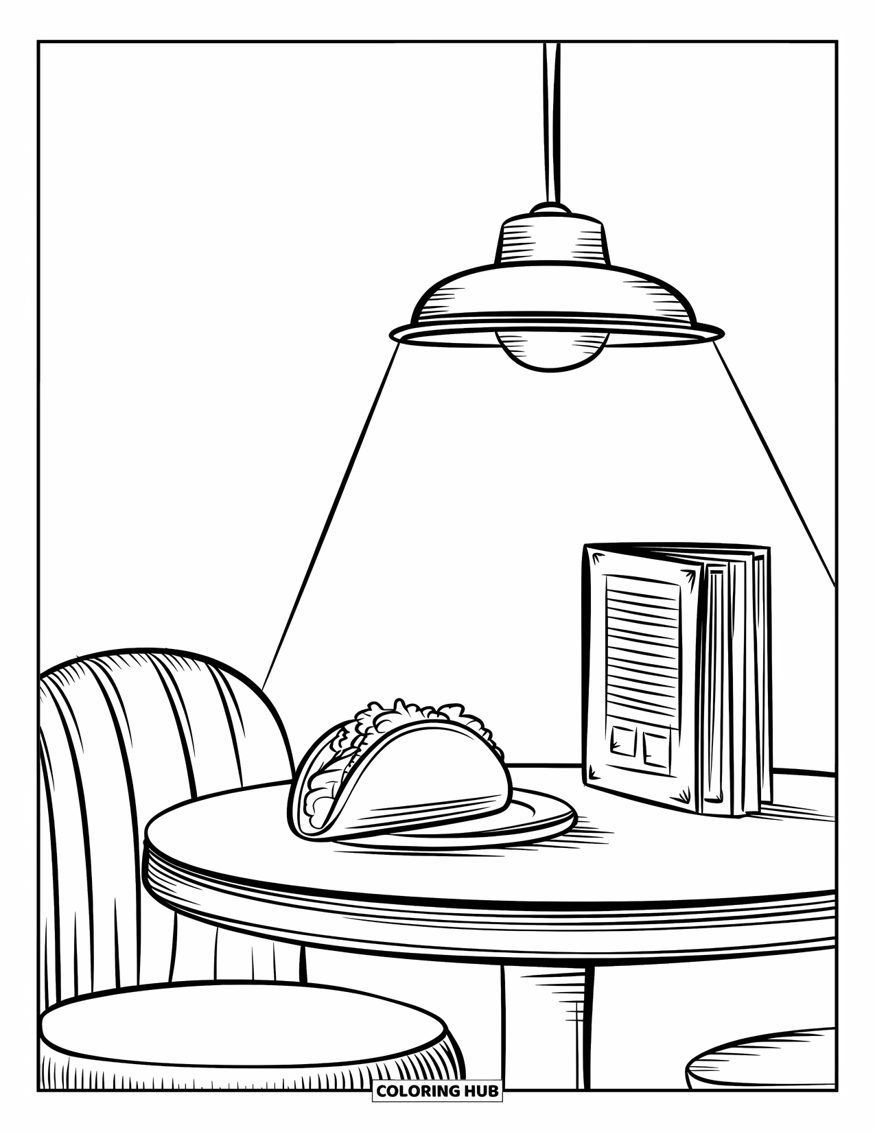 Taco Coloring Page for Kids: Diner scene with a taco, lamp, and cozy chair setup