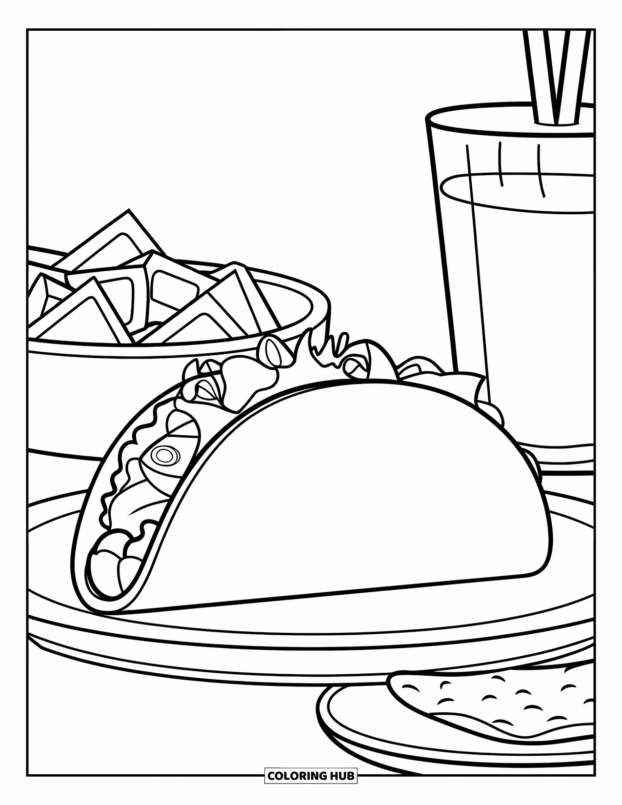 Taco Coloring Page for Kids: Labeled taco on a plate with chips and a drink nearby