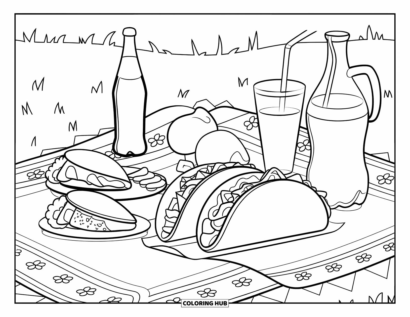 Taco Coloring Page for Kids: Large and small tacos with soda, juice, and snacks on a flowered picnic cloth