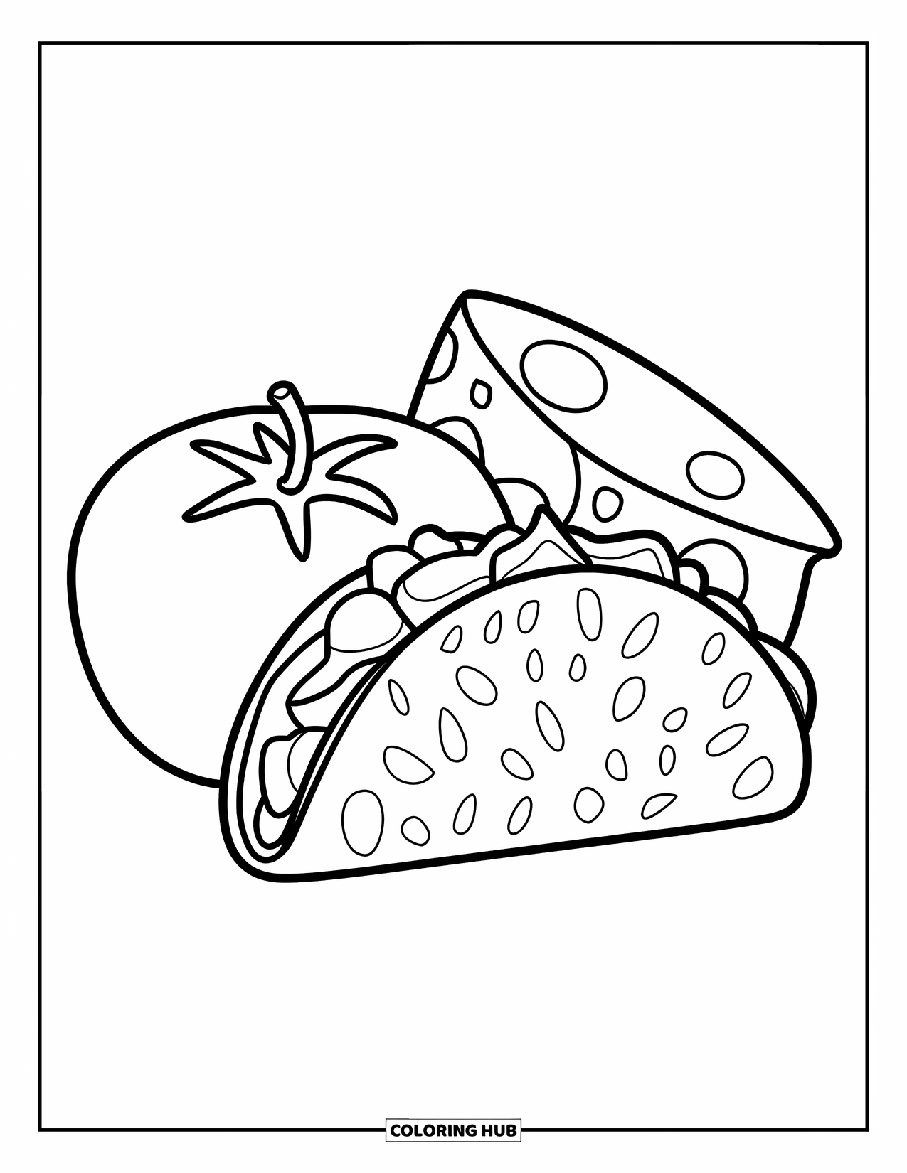 Taco Coloring Page for Kids: Simple taco with tomato and cheese beside it, designed for preschoolers
