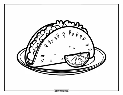 어린이를 위한 타코 색칠공부: 아늑한 접시 위에 라임 웨지와 함께 놓인 타코 하나