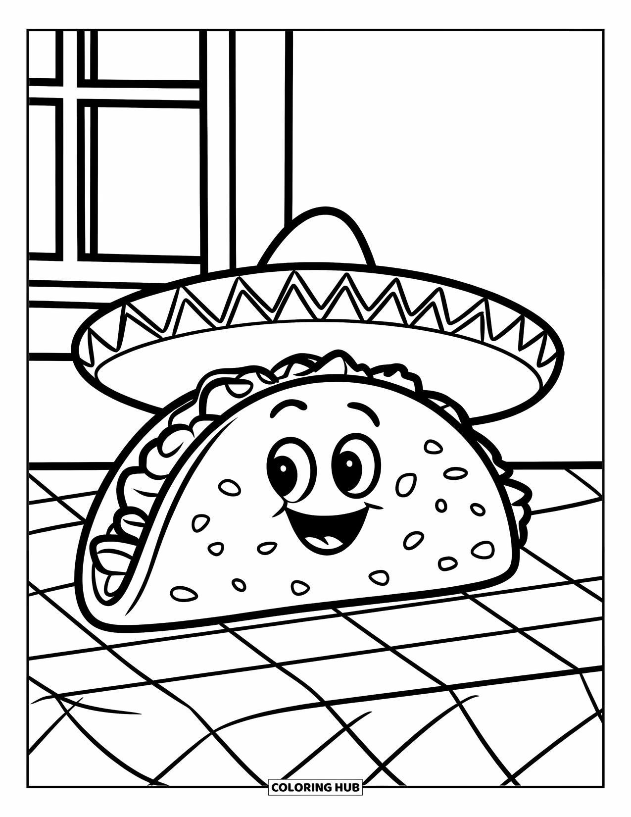 Taco Coloring Page for Kids: Smiling taco wearing a sombrero on a checkered tablecloth near a window