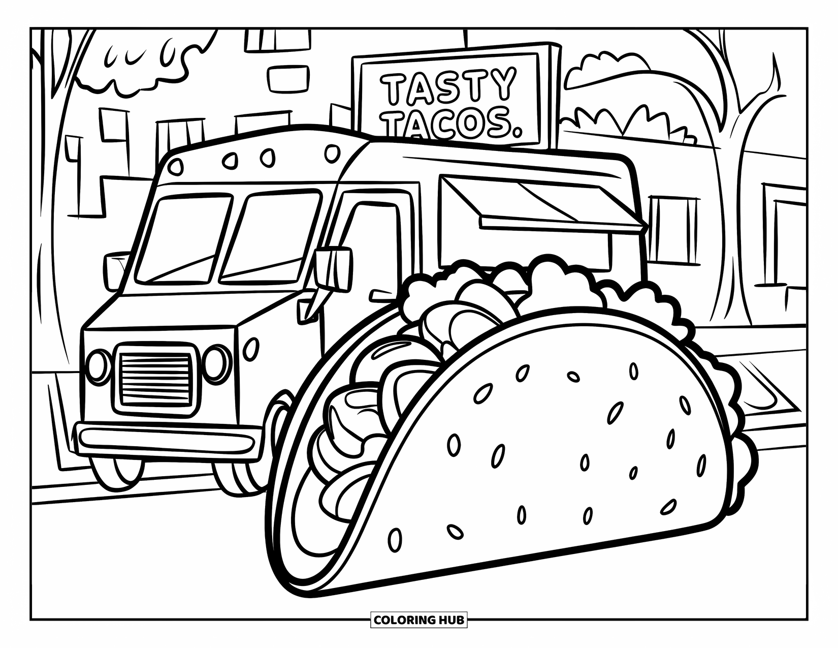 Taco Coloring Page for Kids: Taco and mini truck parked on the street with trees and buildings