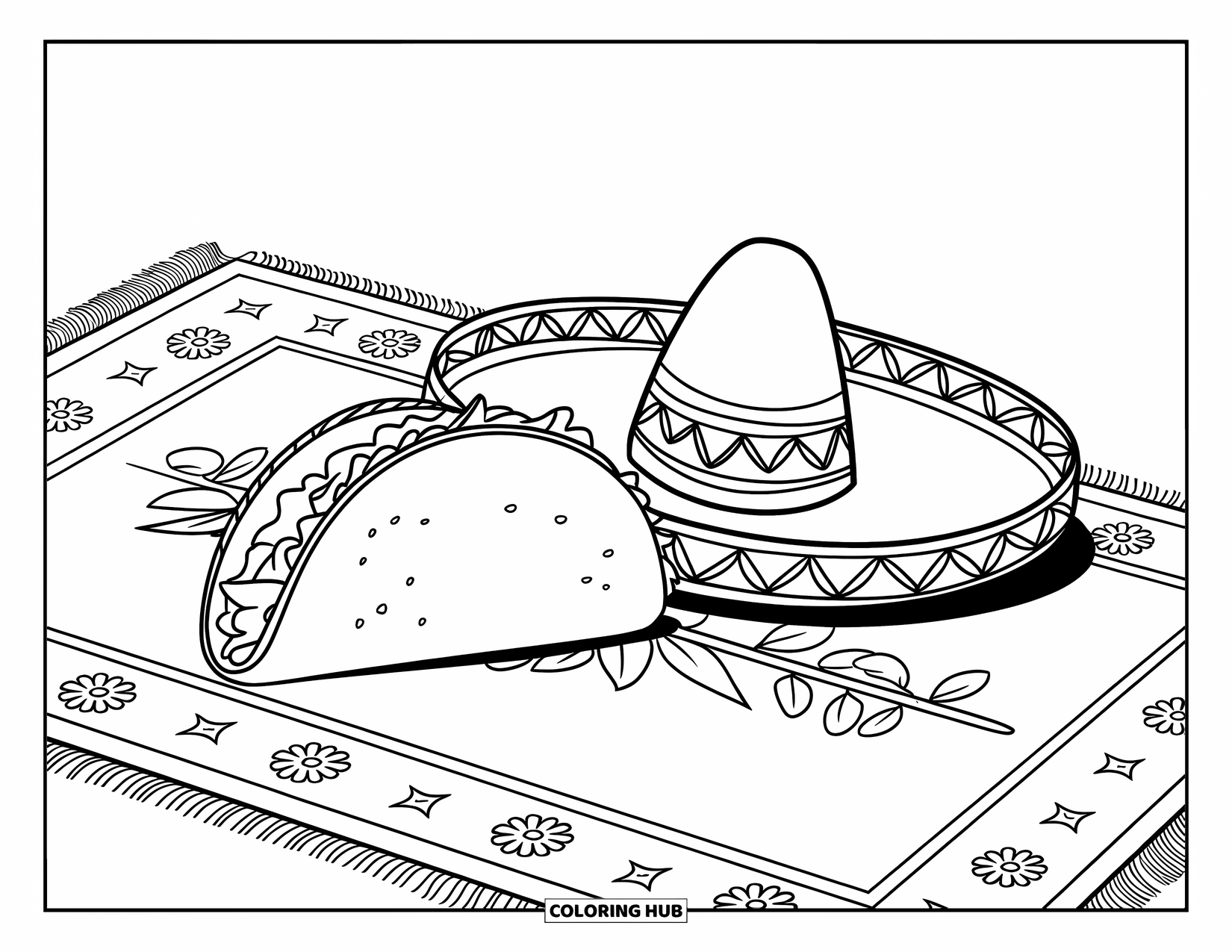 Taco Coloring Page for Kids: Taco and sombrero sitting on a patterned rug with floral details