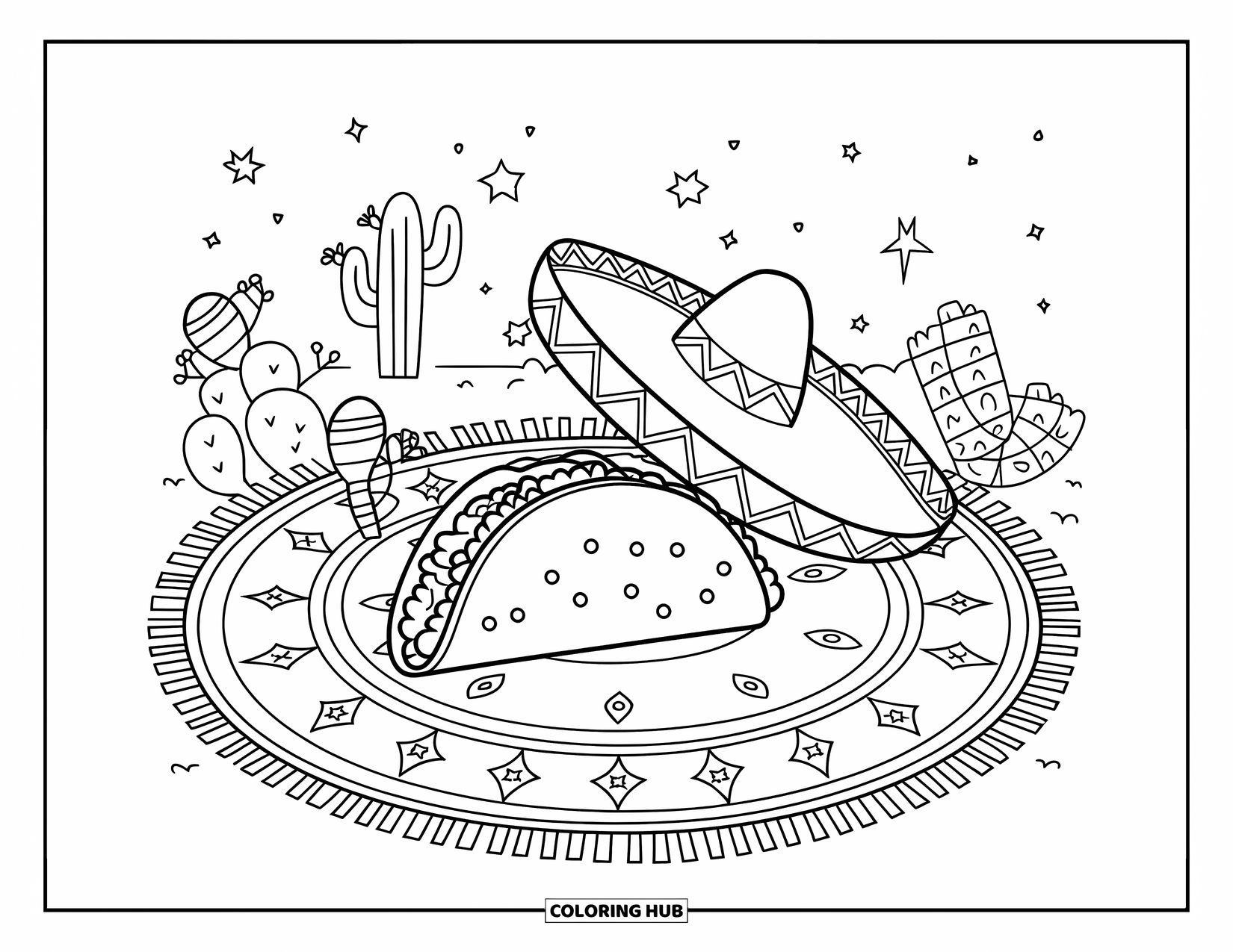 Taco Coloring Page for Kids: Taco and sombrero with piñata, maracas, and cacti on a decorated rug