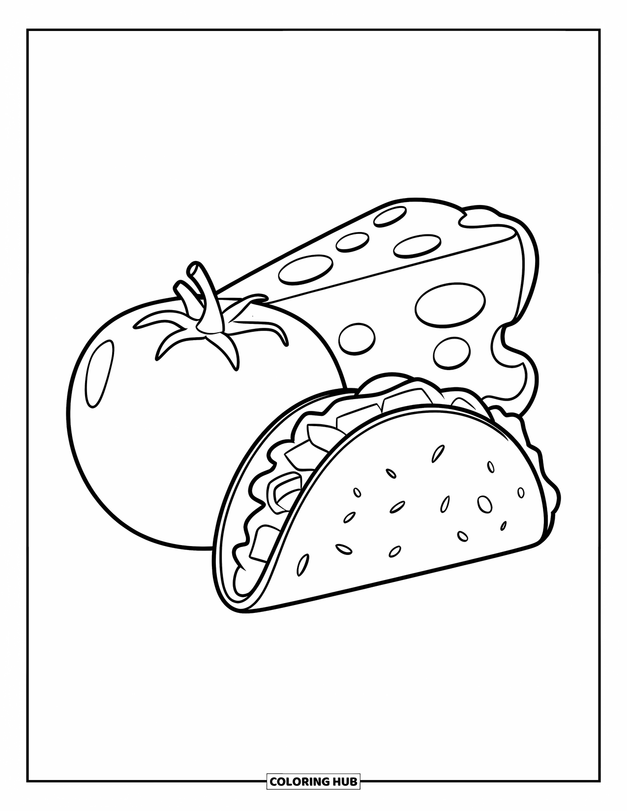 Taco Coloring Page for Kids: Taco next to a giant tomato and cheese slice on a white background