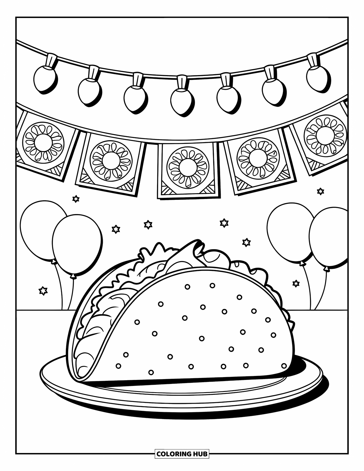 Taco Coloring Page for Kids: Taco on a plate with string lights and festive papel picado