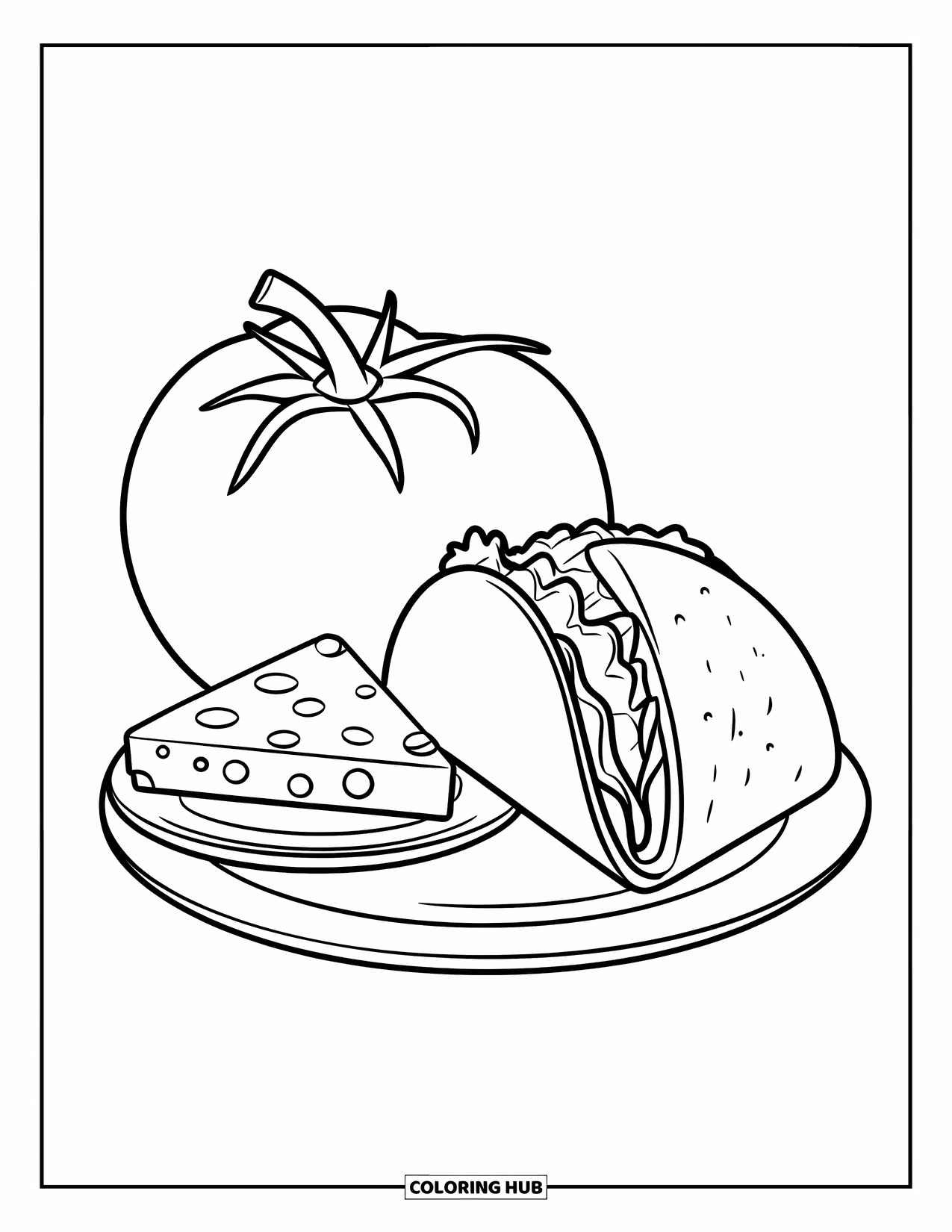 Taco Coloring Page for Kids: Taco, tomato, and cheese on plates with bold outlines and no decorations