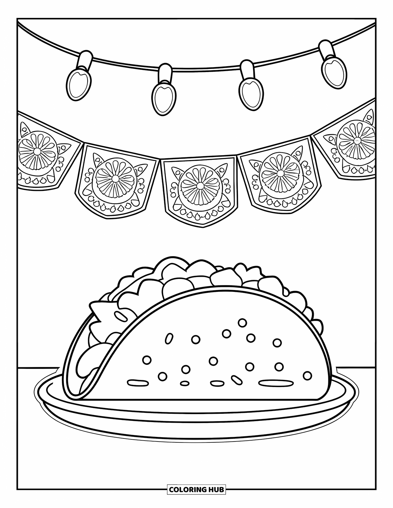 Taco Coloring Page for Kids: Taco under festive papel picado and glowing string lights