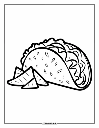 어린이를 위한 타코 색칠공부: 깔끔한 페이지에 칩 옆으로 양상추, 토마토, 치즈가 든 타코