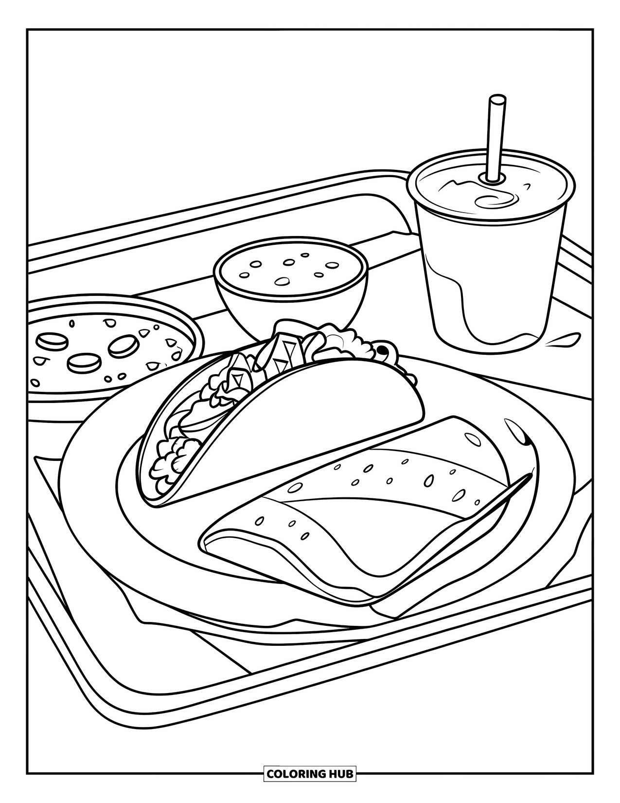 Taco Coloring Page for Kids: Tray with taco, chips, salsa, and drink on a white background