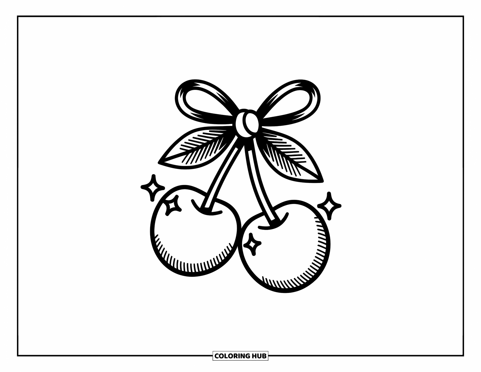 Tattoo Coloring Page for Adults: A bow-tied cherry duo rests on a leafy stem