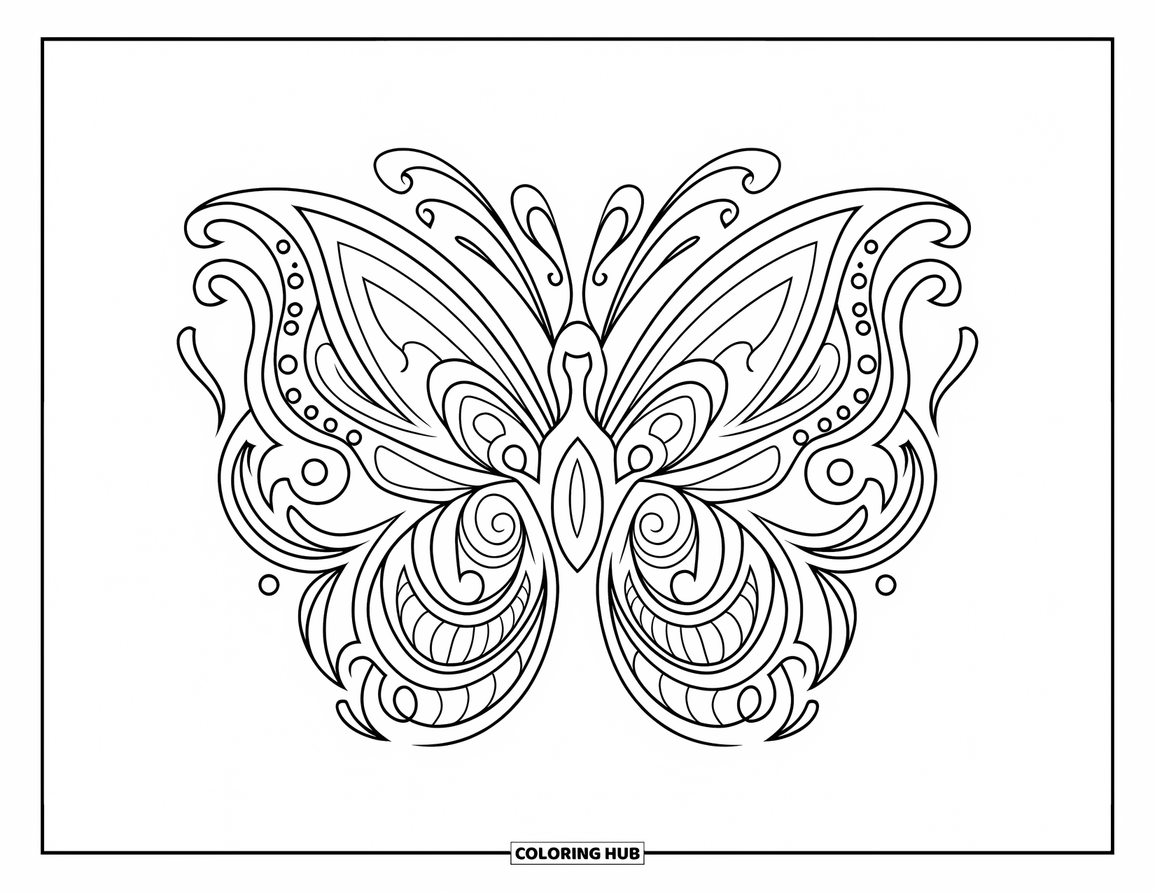 Tattoo Coloring Page for Adults: A butterfly with tribal wings and flowing decorations