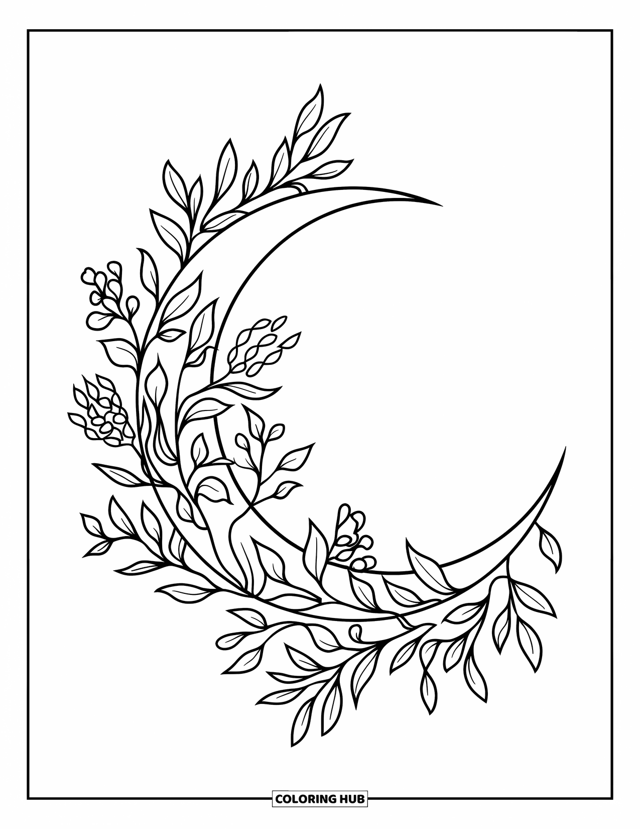Tattoo Coloring Page for Adults: A crescent moon wrapped with soft floral branches