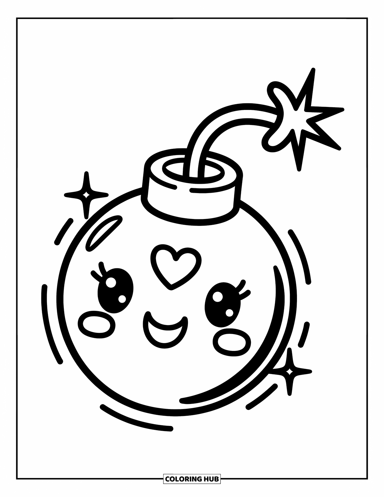 Tattoo Coloring Page for Adults: A cute bomb with a heart face and a ribbon fuse
