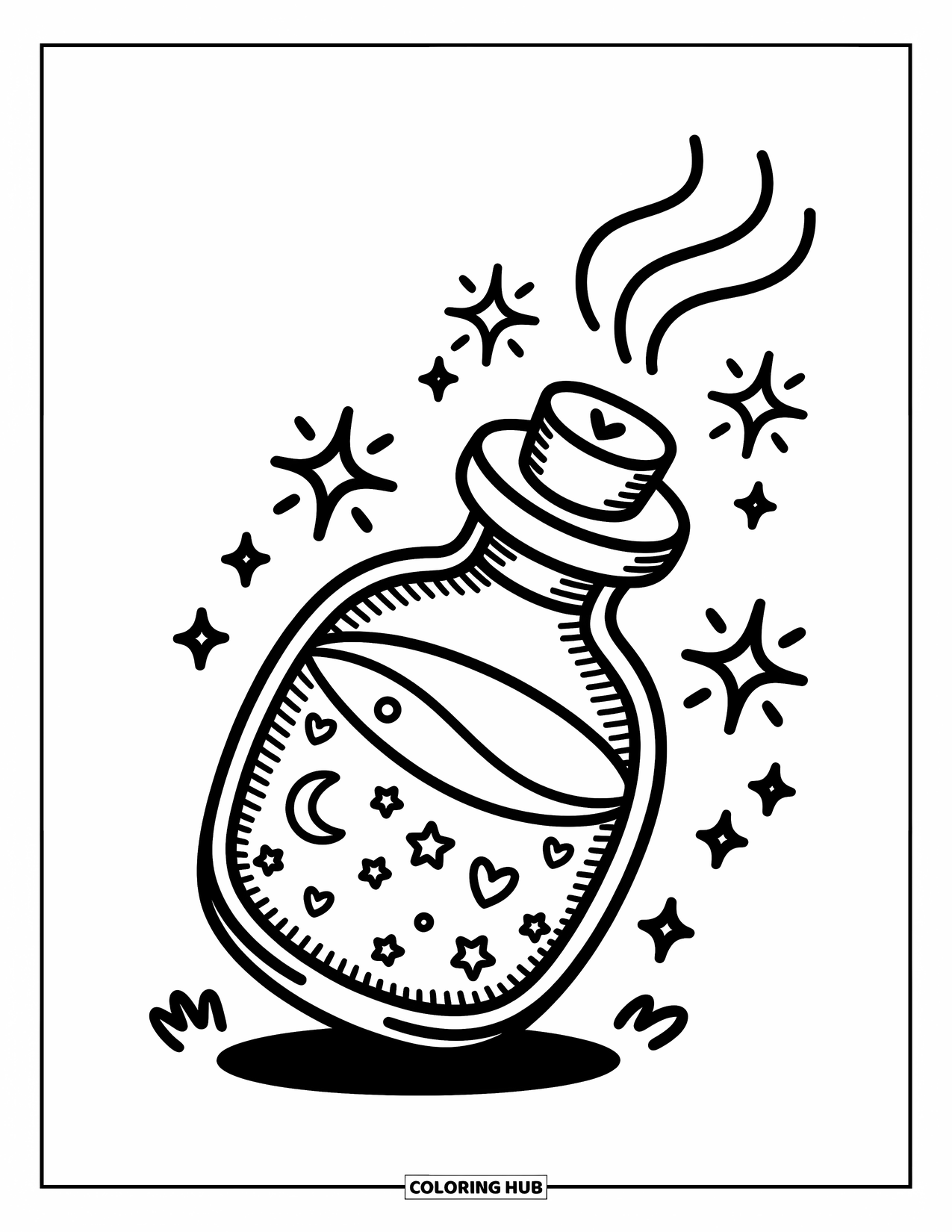 Tattoo Coloring Page for Adults: A cute bottle filled with stars and sparkles gently tilts