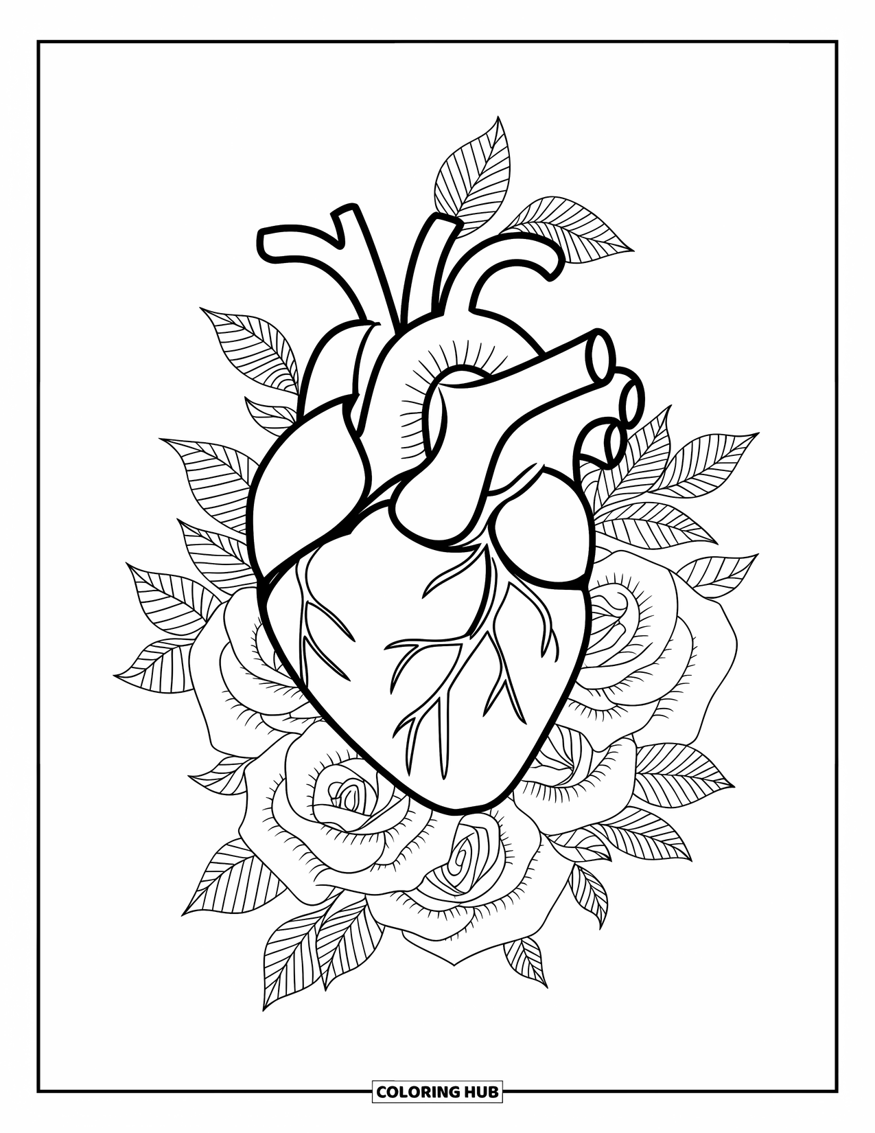 Tattoo Coloring Page for Adults: A detailed heart surrounded by roses with soft line textures