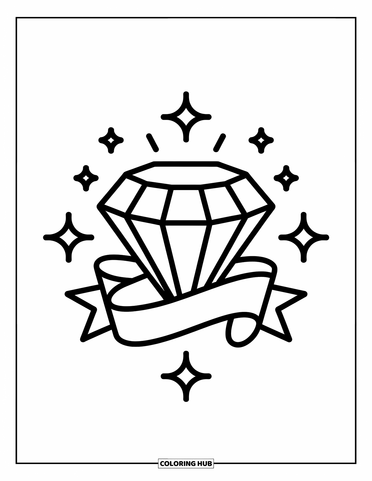 Tattoo Coloring Page for Adults: A glowing diamond rests above two tiny looped ribbons