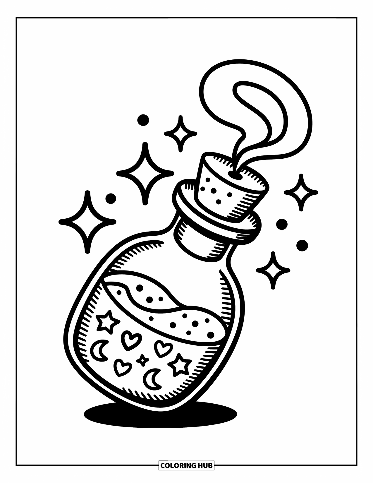 Tattoo Coloring Page for Adults: A heart-corked bottle holds sparkles, moons, and magic inside