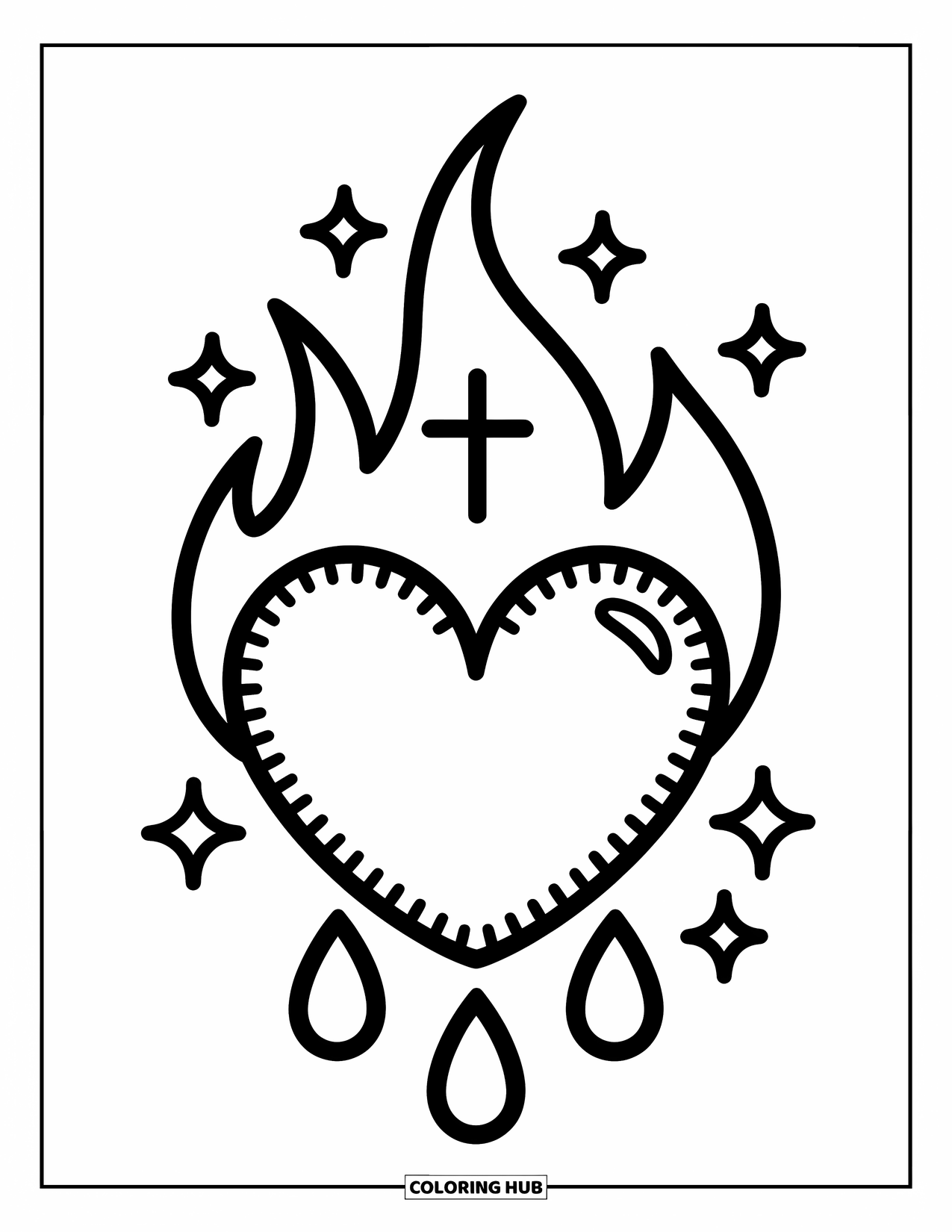 Tattoo Coloring Page for Adults: A heart with flames and teardrops sparkles gently