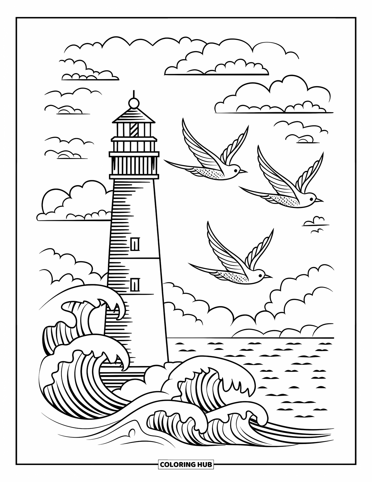 Tattoo Coloring Page for Adults: A lighthouse rises above waves with swallows and a calm sea