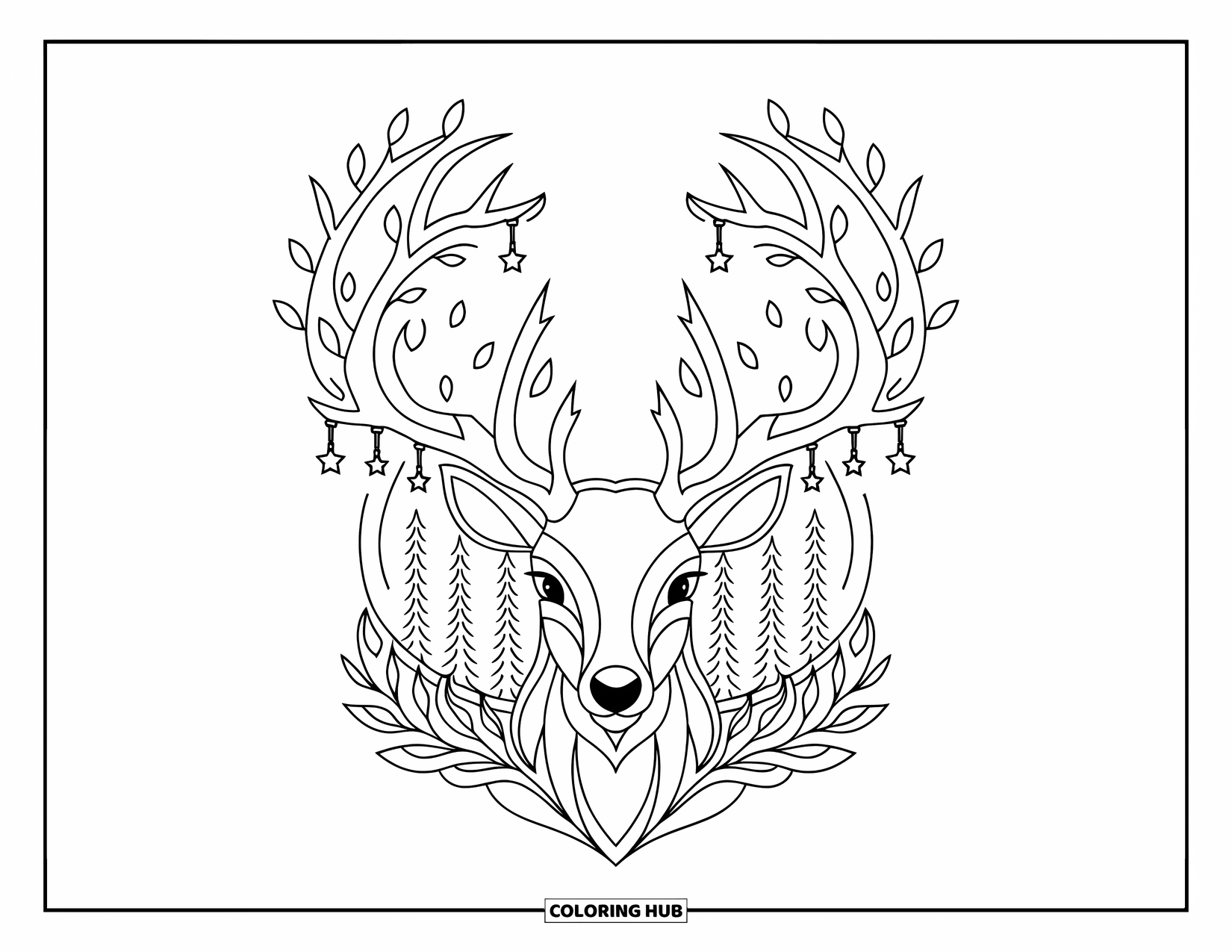 Tattoo Coloring Page for Adults: A peaceful deer with starry antlers in a quiet forest scene