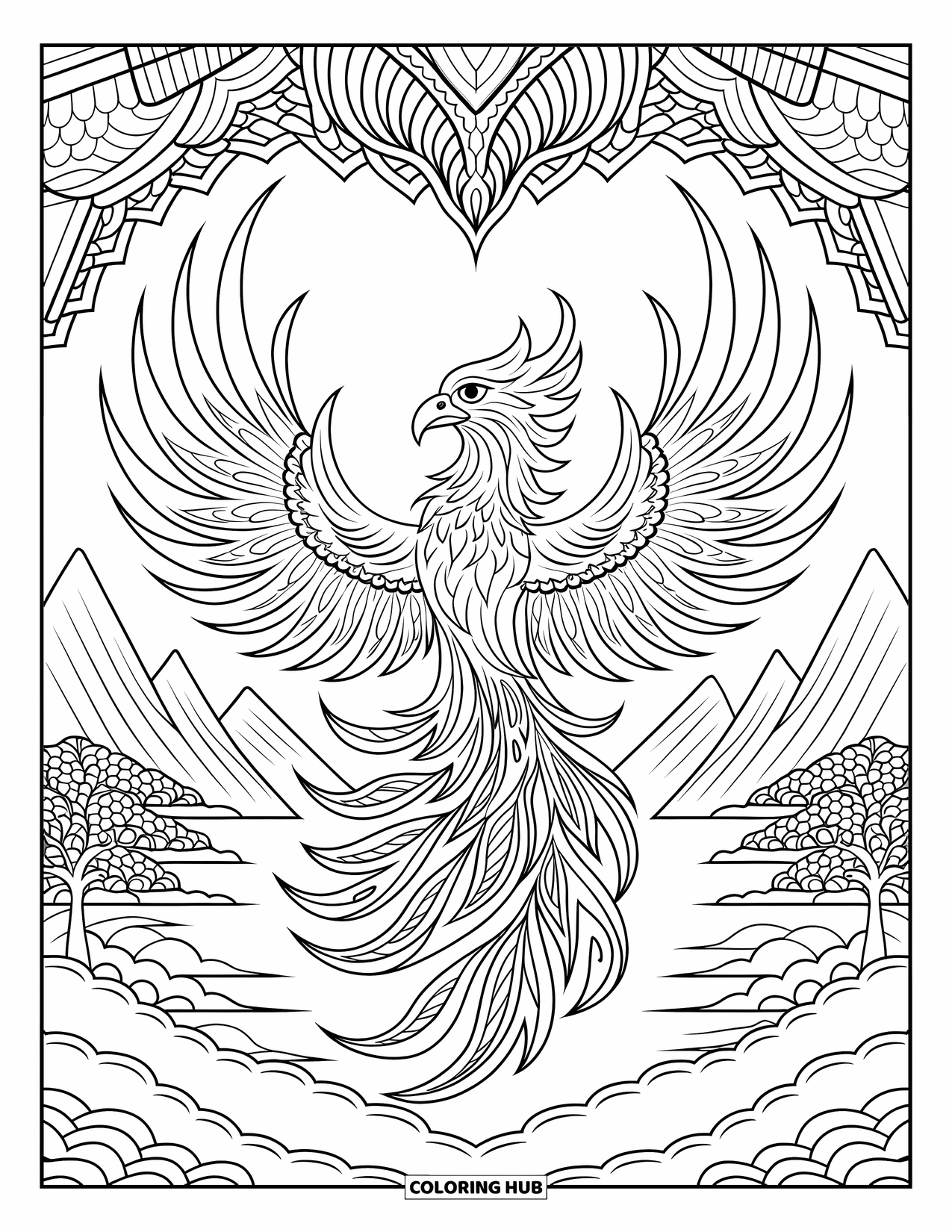 Tattoo Coloring Page for Adults: A phoenix soaring above mountains, trees, and water