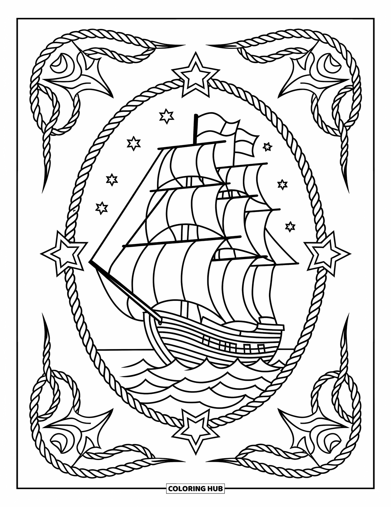 Tattoo Coloring Page for Adults: A pirate ship with sails inside a rope-and-star frame