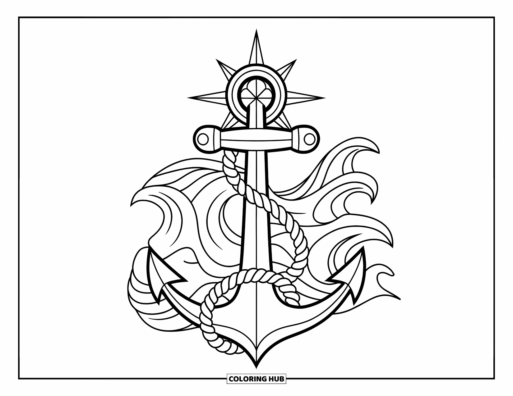 Tattoo Coloring Page for Adults: A rope-wrapped anchor with waves and a star above