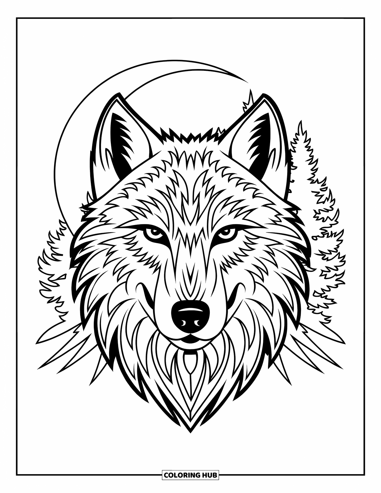 Tattoo Coloring Page for Adults: A sharp-looking wolf with a crescent moon and trees