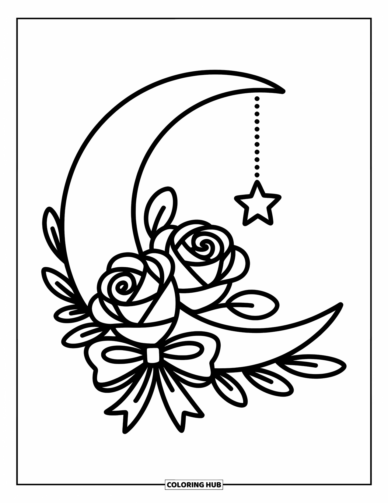 Tattoo Coloring Page for Adults: A soft moon hugs roses and a dangling star