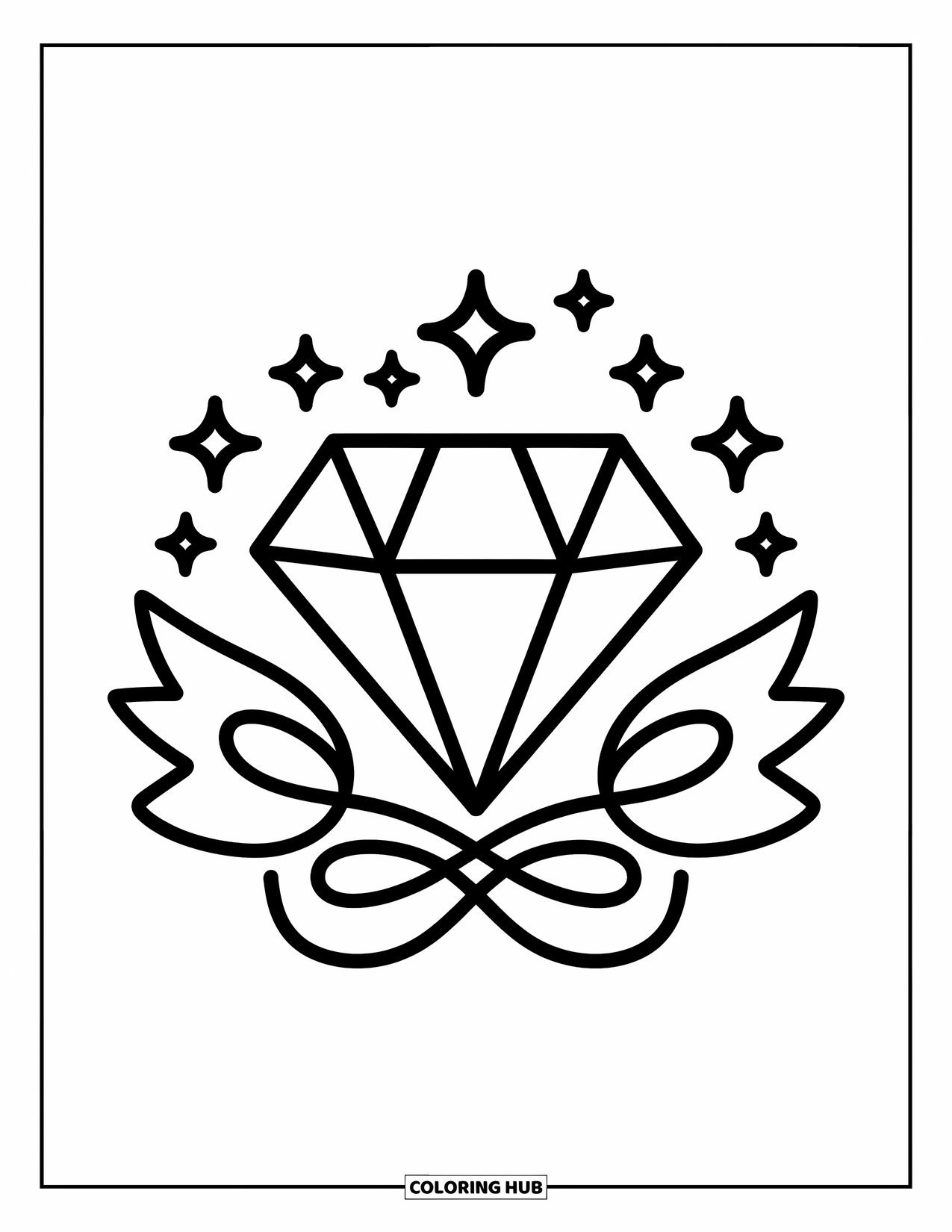 Tattoo Coloring Page for Adults: A sparkly diamond floats with soft ribbons and stars