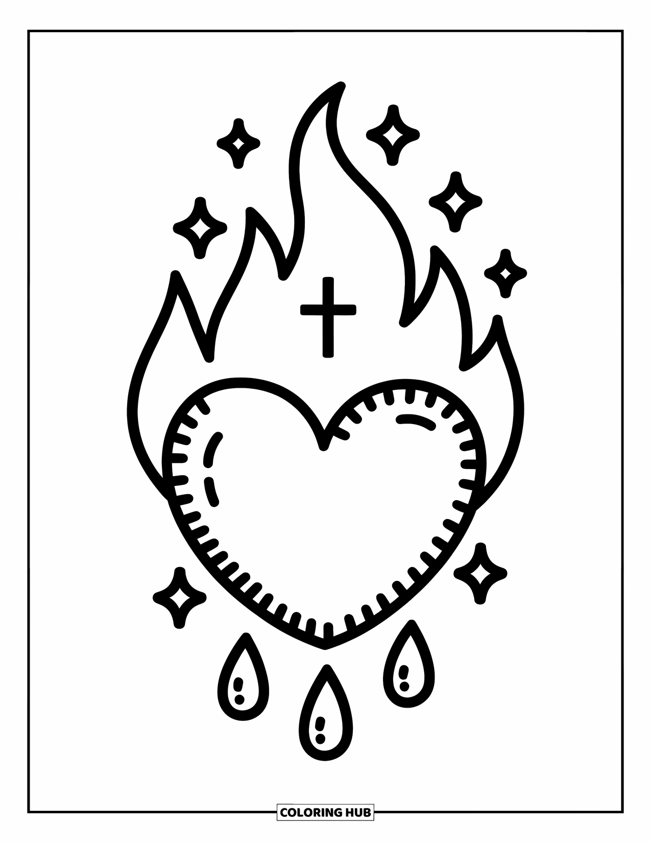 Tattoo Coloring Page for Adults: A stitched heart with soft flames holds a tiny cross