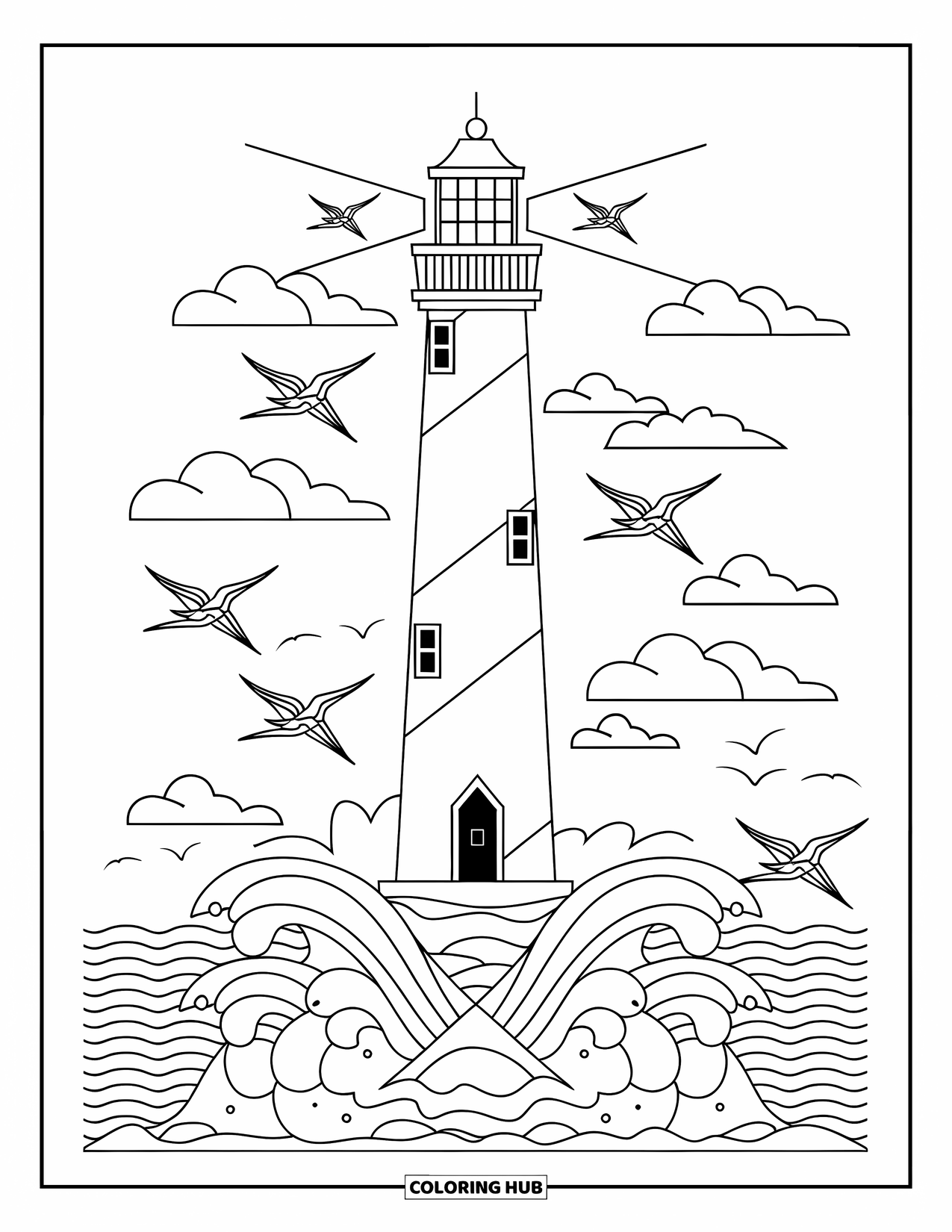 Tattoo Coloring Page for Adults: A striped lighthouse surrounded by waves, clouds, and flying birds